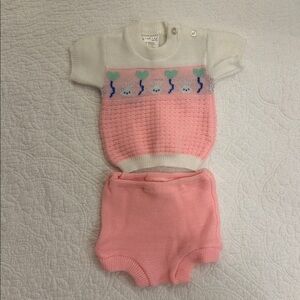 Vintage confetti sz 0-6 m Adorable Pink White Baby short sleeve knit Sweater set